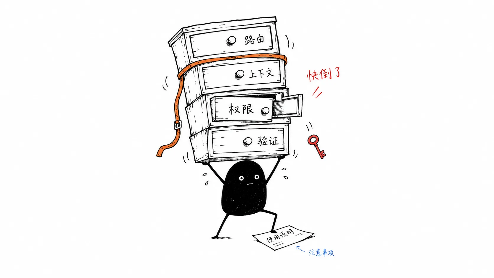 A small black agent strains to hold up drawers labelled routing, context, authority, and verification.