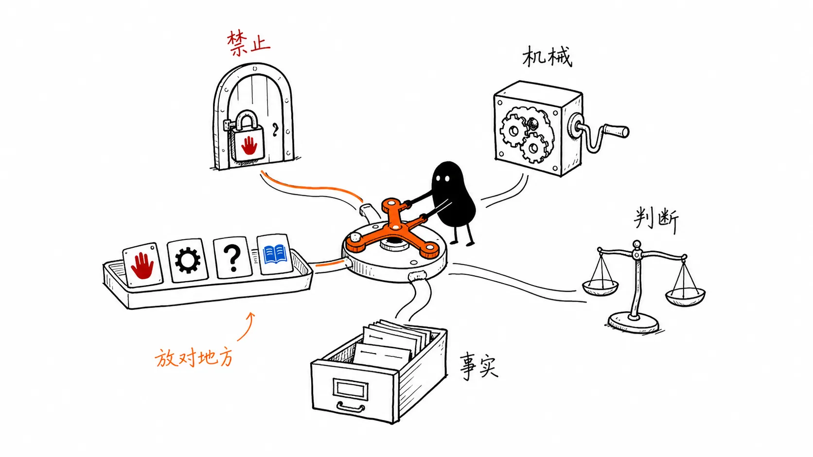 A small black agent operates a hand-drawn switch that sends prohibitions, mechanics, judgments, and facts to different destinations.